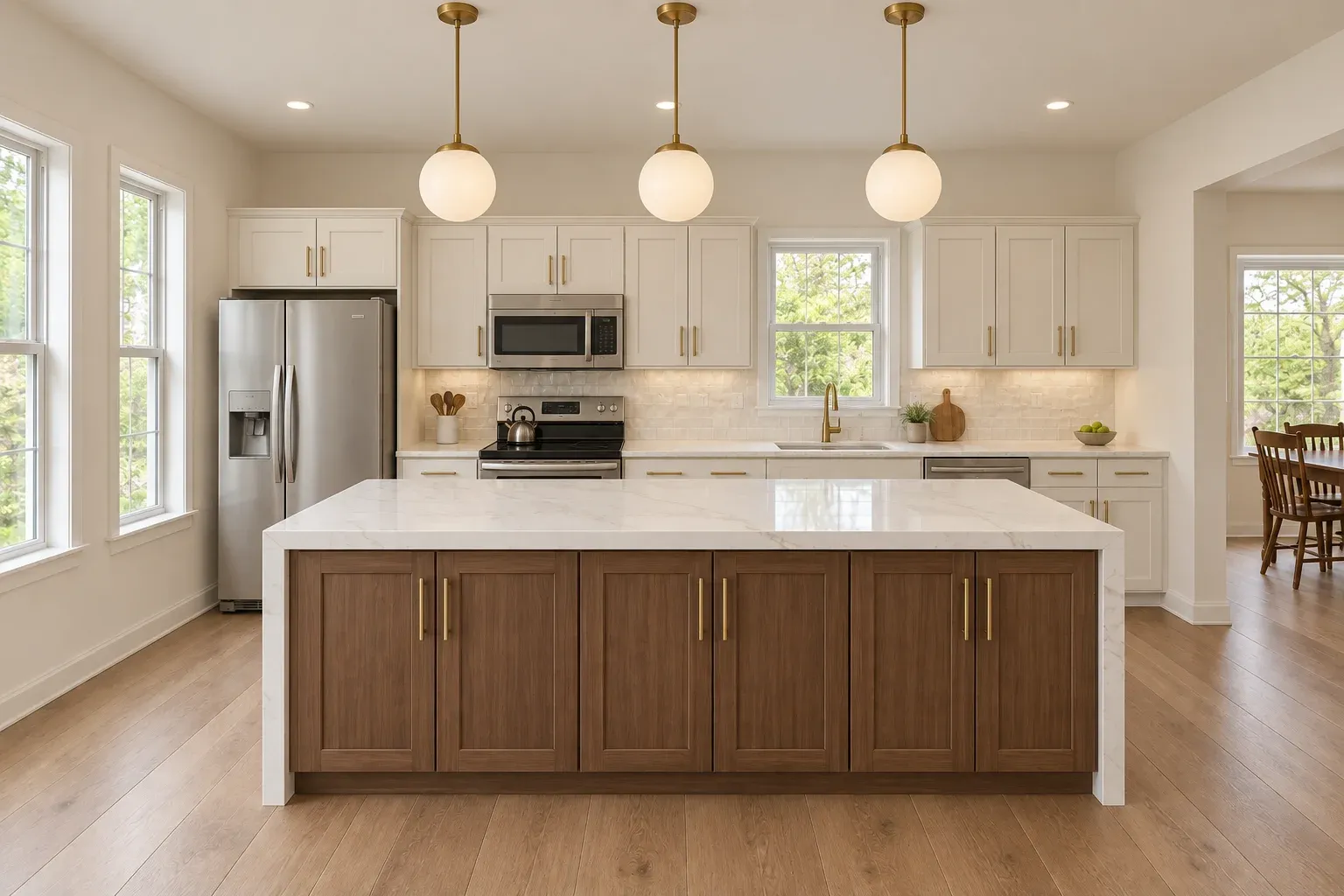 The same kitchen after remodeling with walnut cabinetry and a waterfall island