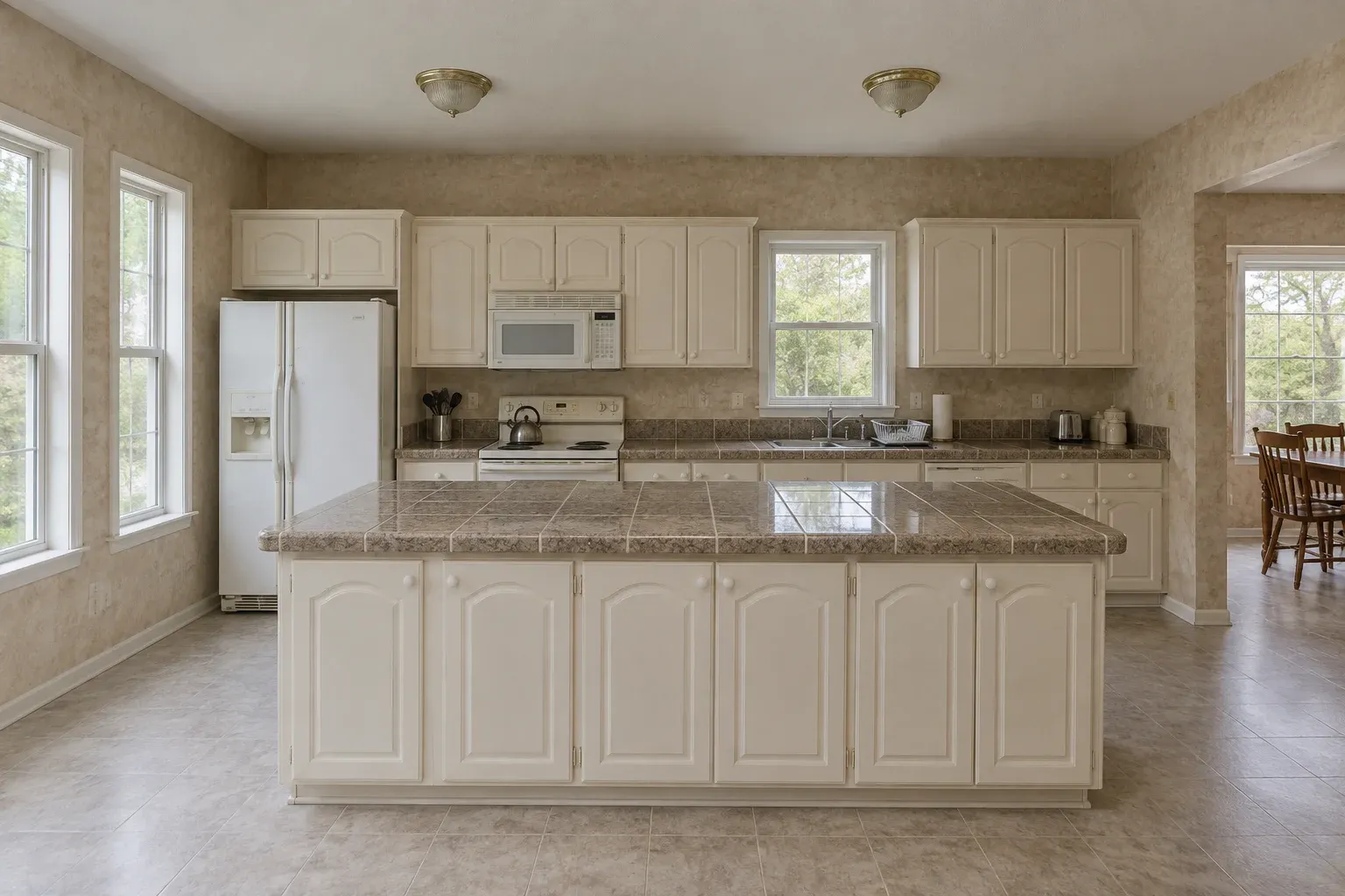 Cream kitchen with a builder-grade island before remodeling