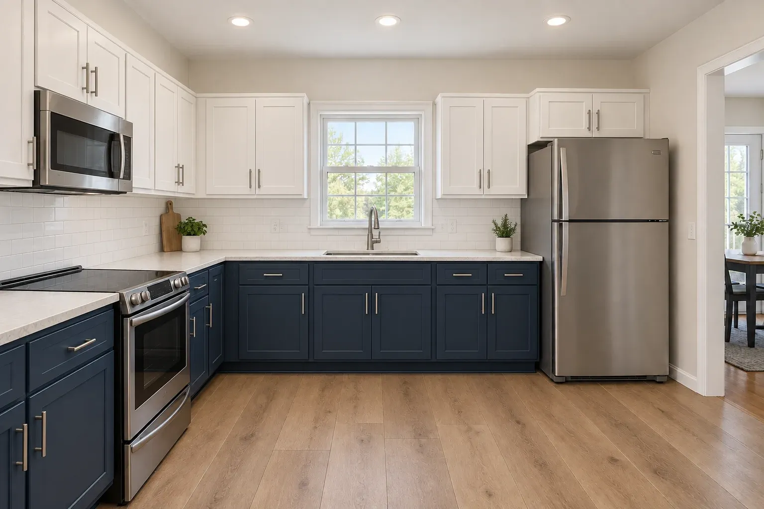 The same galley after remodeling with navy cabinetry and a light stone counter