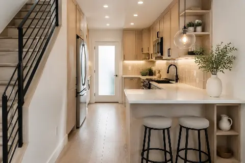 Compact condo kitchen with light cabinetry and a slim peninsula
