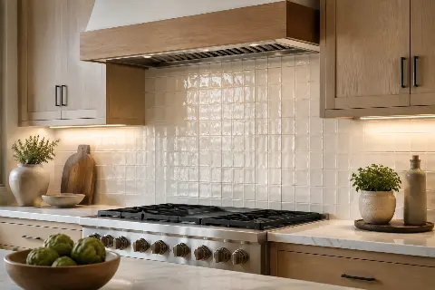 Zellige tile backsplash running to the underside of the upper cabinets