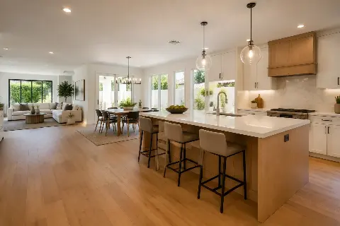 Rendered 3D kitchen layout showing cabinet elevations and appliance clearances