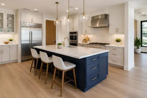 Kitchen island with seating for four and pendant lights above